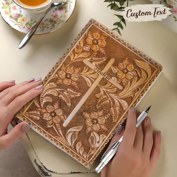 Faith Flower Cross - Personalized Custom Leather Journal - Christian Gift