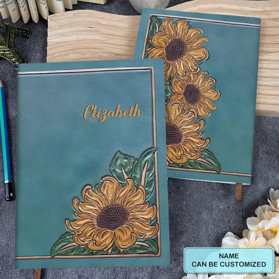 Sunflower - Personalized Custom Leather Journal - Gift Family, Family Members