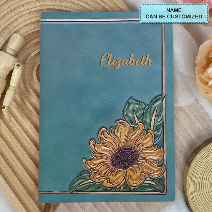 Sunflower - Personalized Custom Leather Journal - Gift Family, Family Members