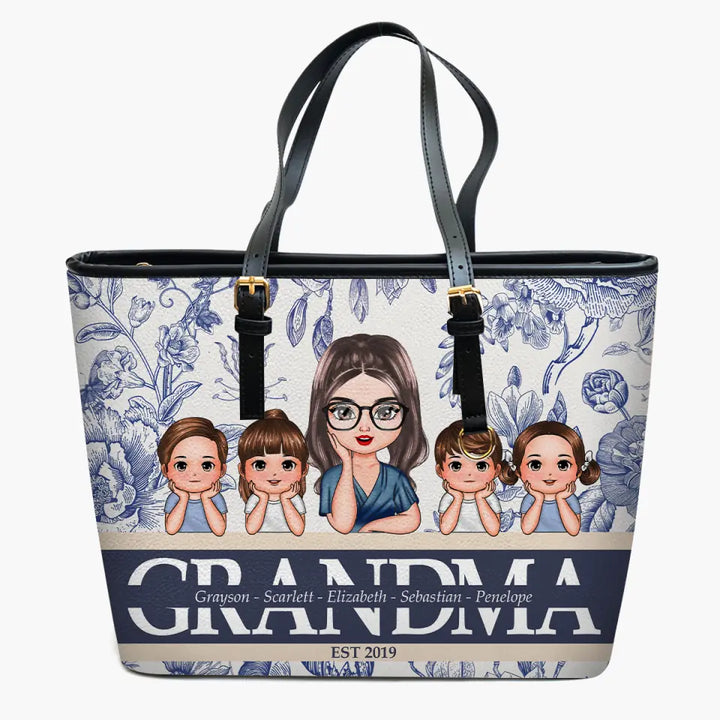 Floral Grandma - Personalized Leather Bucket Bag - Gift For Grandma, Mom
