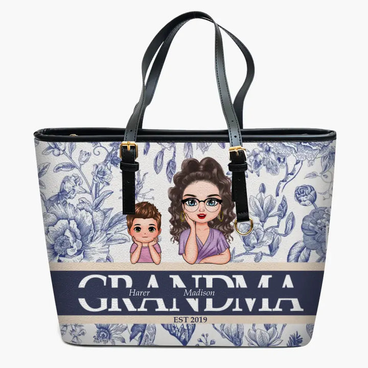 Floral Grandma - Personalized Leather Bucket Bag - Gift For Grandma, Mom