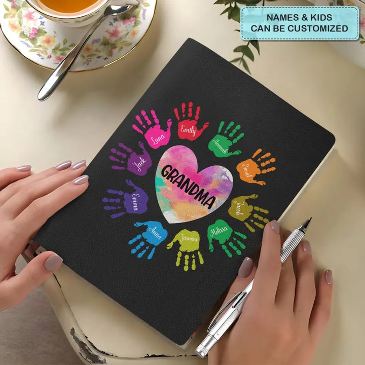 Grandkids Colorful Hands - Personalized Custom Leather Journal - Mother's Day Gift For Grandma