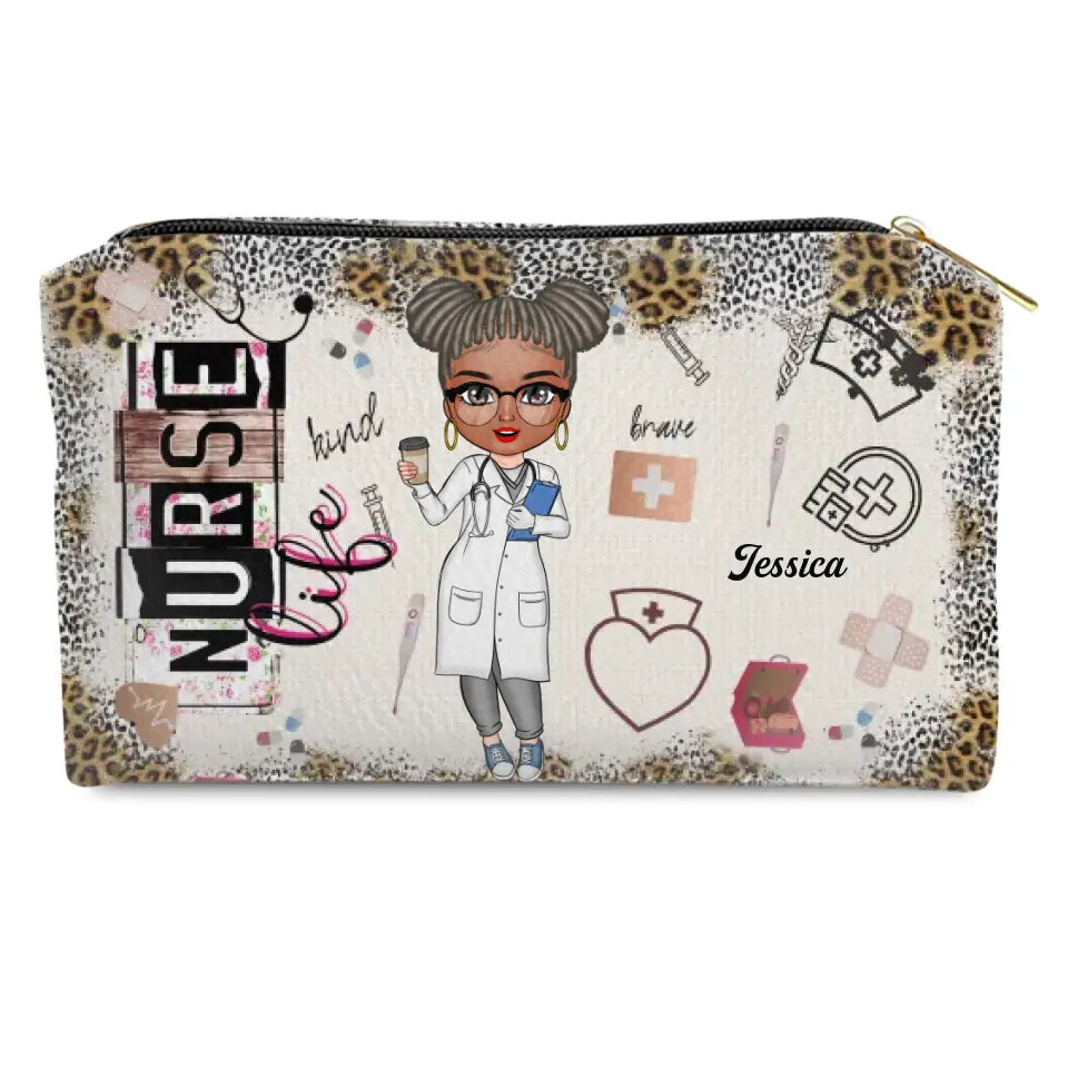 Nurse Life - Personalized Custom Leather Makeup Bag - Nurse's Day, Appreciation Gift For Nurse