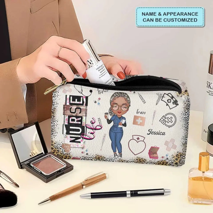 Nurse Life - Personalized Custom Leather Makeup Bag - Nurse's Day, Appreciation Gift For Nurse