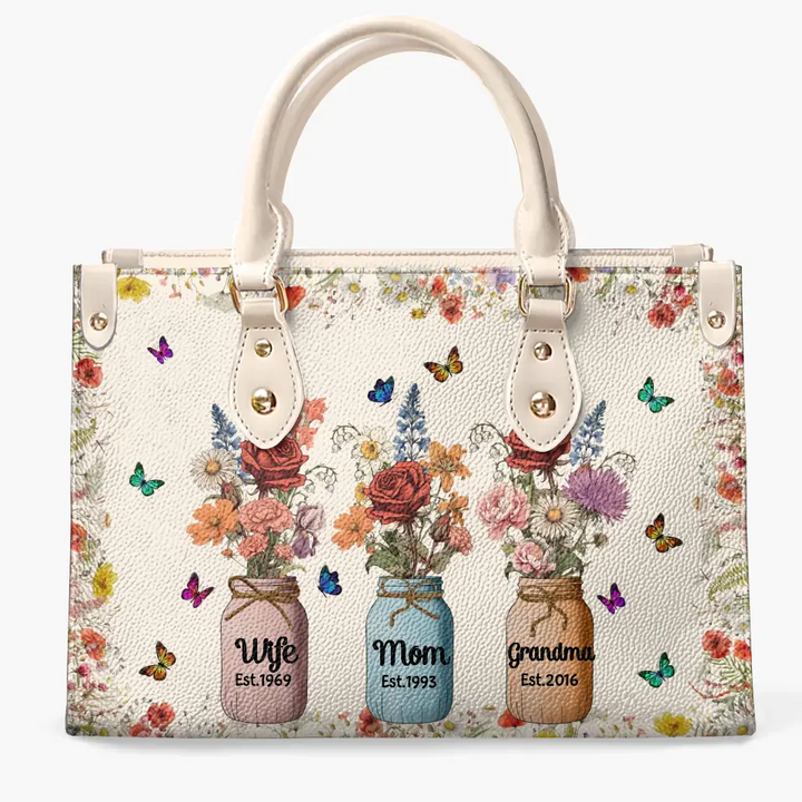 Wife Mom Grandma Floral Jar - Personalized Custom Leather Bag - Mother's Day Gift For Mom, Grandma