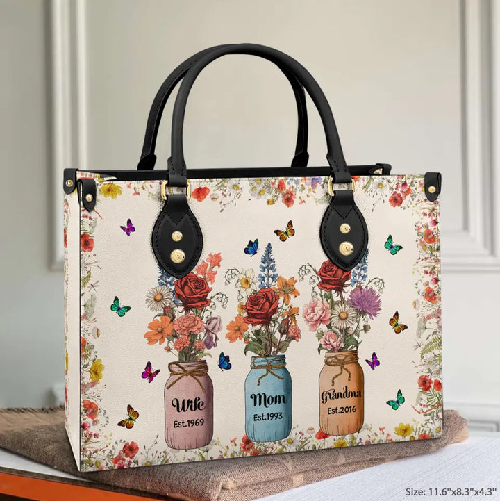Wife Mom Grandma Floral Jar - Personalized Custom Leather Bag - Mother's Day Gift For Mom, Grandma