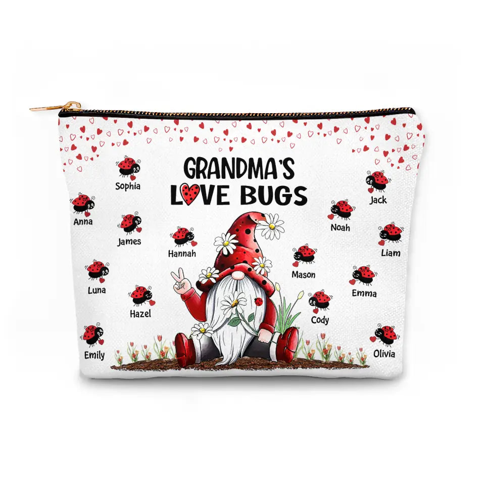 Grandma's Love Bugs - Personalized Custom Canvas Makeup Bag - Mother's Day Gift For Mom Grandma, Family Members
