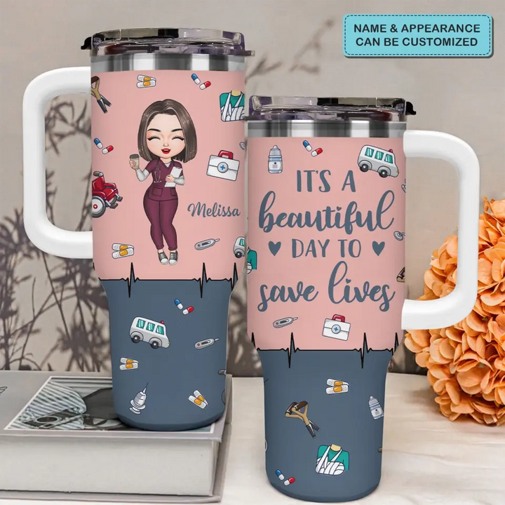 Nursing Is A Work Of Heart - Personalized Custom Tumbler With Handle - Nurse's Day, Appreciation Gift For Nurse