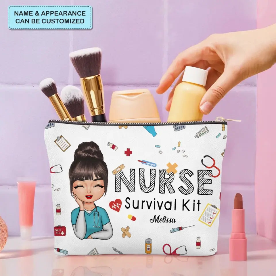 Nurse Survival Kit - Personalized Custom Canvas Makeup Bag - Nurse's Day, Appreciation Gift For Nurse