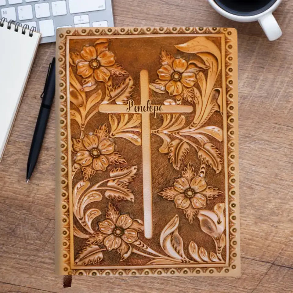 Faith Flower Cross - Personalized Custom Leather Journal - Christian Gift