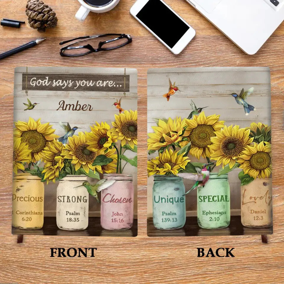 Sunflower God Says You Are - Personalized Custom Leather Journal - Christian Gift
