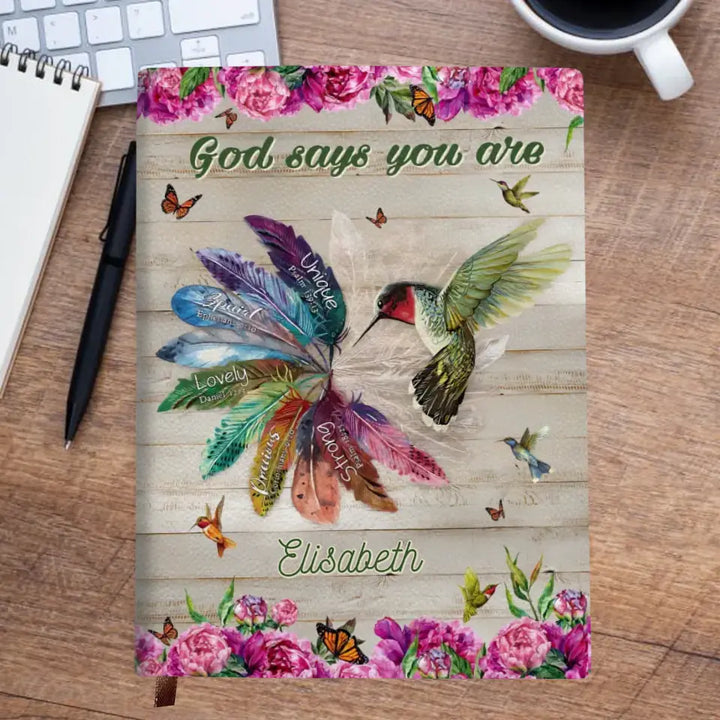 God Says You Are - Personalized Custom Leather Journal - Gift For Hummingbird Lover