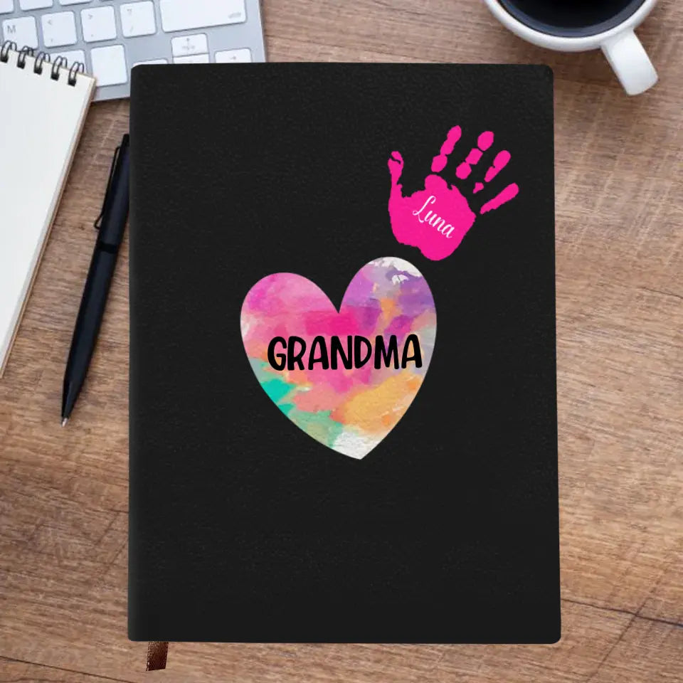 Grandkids Colorful Hands - Personalized Custom Leather Journal - Mother's Day Gift For Grandma