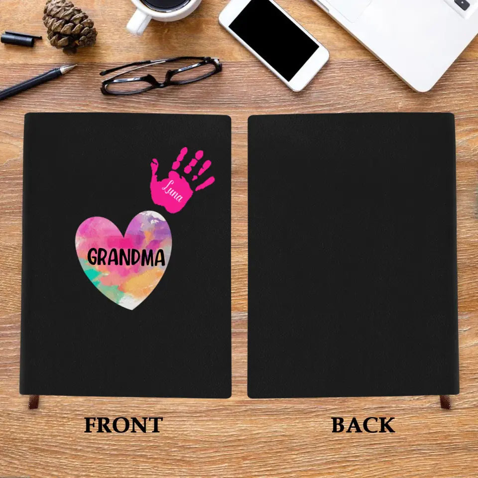 Grandkids Colorful Hands - Personalized Custom Leather Journal - Mother's Day Gift For Grandma