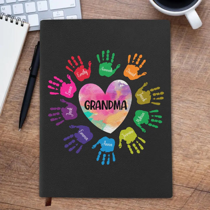 Grandkids Colorful Hands - Personalized Custom Leather Journal - Mother's Day Gift For Grandma