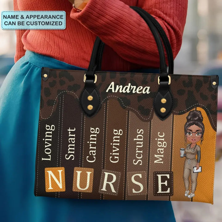 Melanin Leopard Nurse - Personalized Custom Leather Bag - Nurse's Day, Appreciation Gift For Nurse