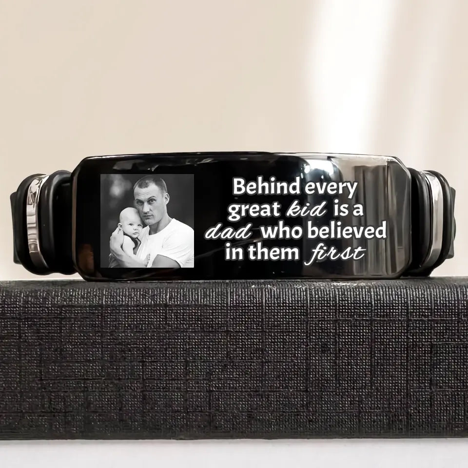 Behind Every Great Kid Is A Dad - Personalized Custom Photo Bracelet - Father's Day Gift For Dad