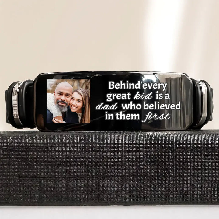 Behind Every Great Kid Is A Dad - Personalized Custom Photo Bracelet - Father's Day Gift For Dad