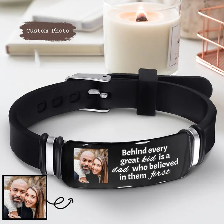 Behind Every Great Kid Is A Dad - Personalized Custom Photo Bracelet - Father's Day Gift For Dad