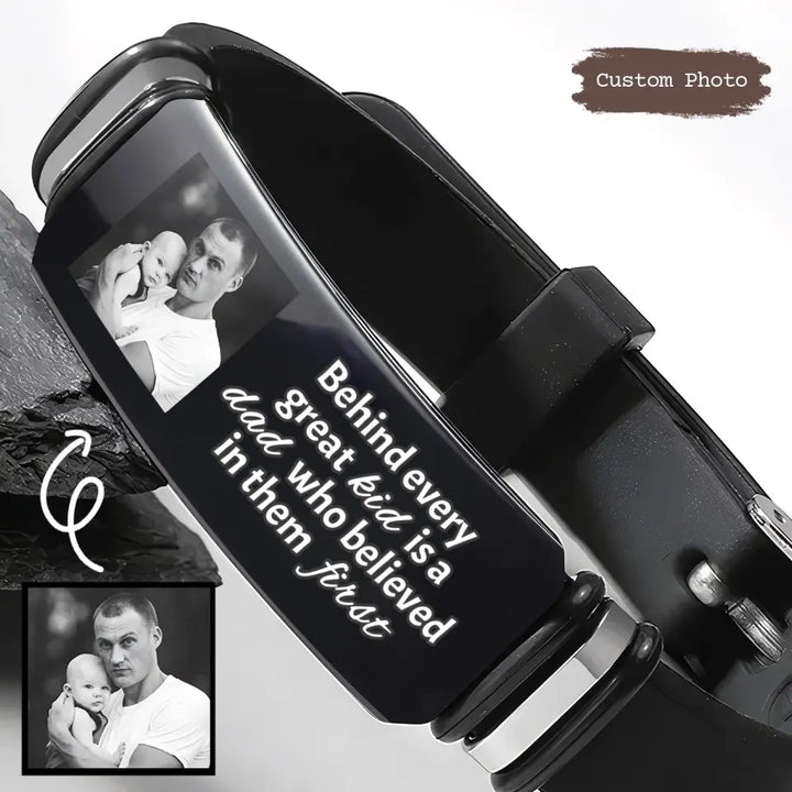 Behind Every Great Kid Is A Dad - Personalized Custom Photo Bracelet - Father's Day Gift For Dad