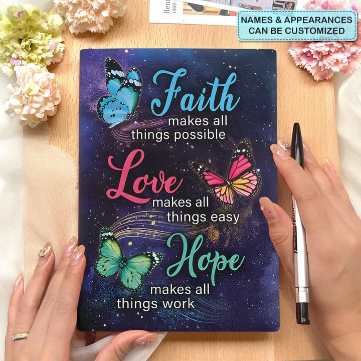 Faith Hope Love - Personalized Custom Leather Journal - Gift For Family Member