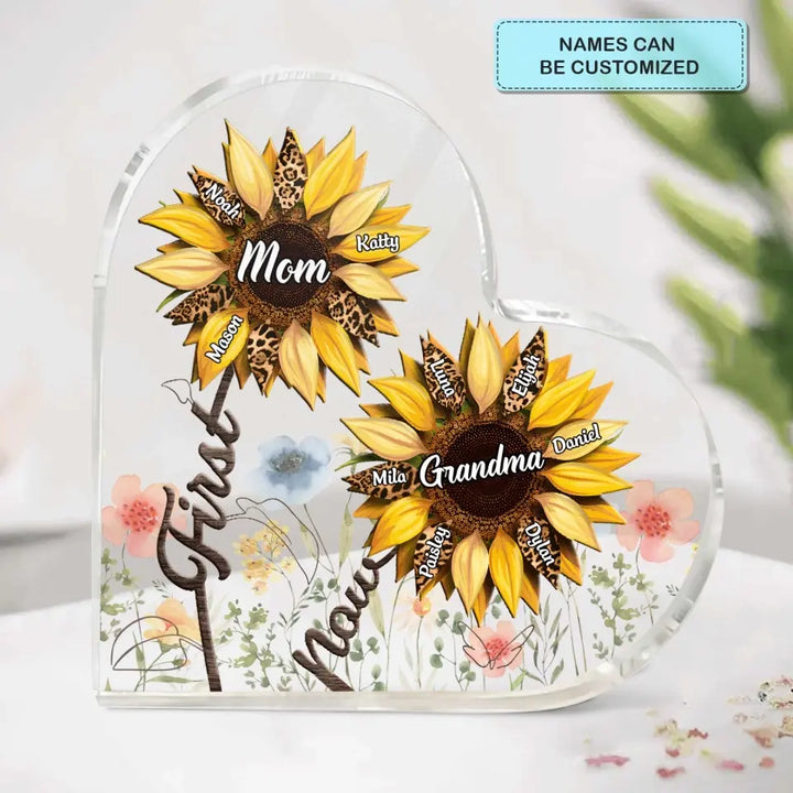 First Mom Now Grandma Sunflower - Personalized Custom Heart-shaped Acrylic Plaque - Mother's Day Gift For Grandma, Mom