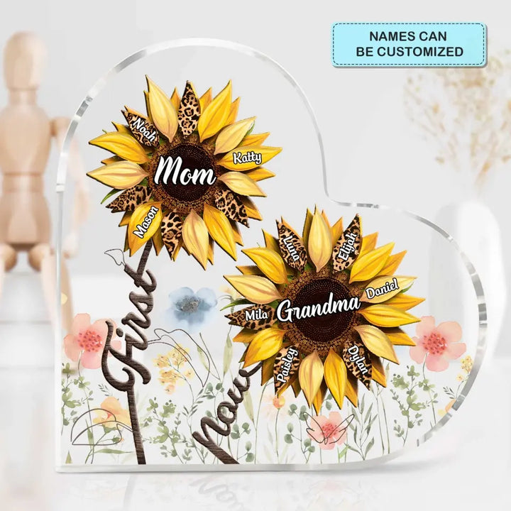First Mom Now Grandma Sunflower - Personalized Custom Heart-shaped Acrylic Plaque - Mother's Day Gift For Grandma, Mom