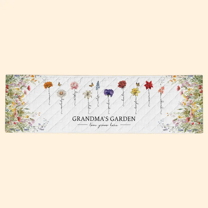 Grandma's Garden Love Grows Here - Personalized Custom Quilted Table Runner - Mother's Day Gift For Mom, Grandma