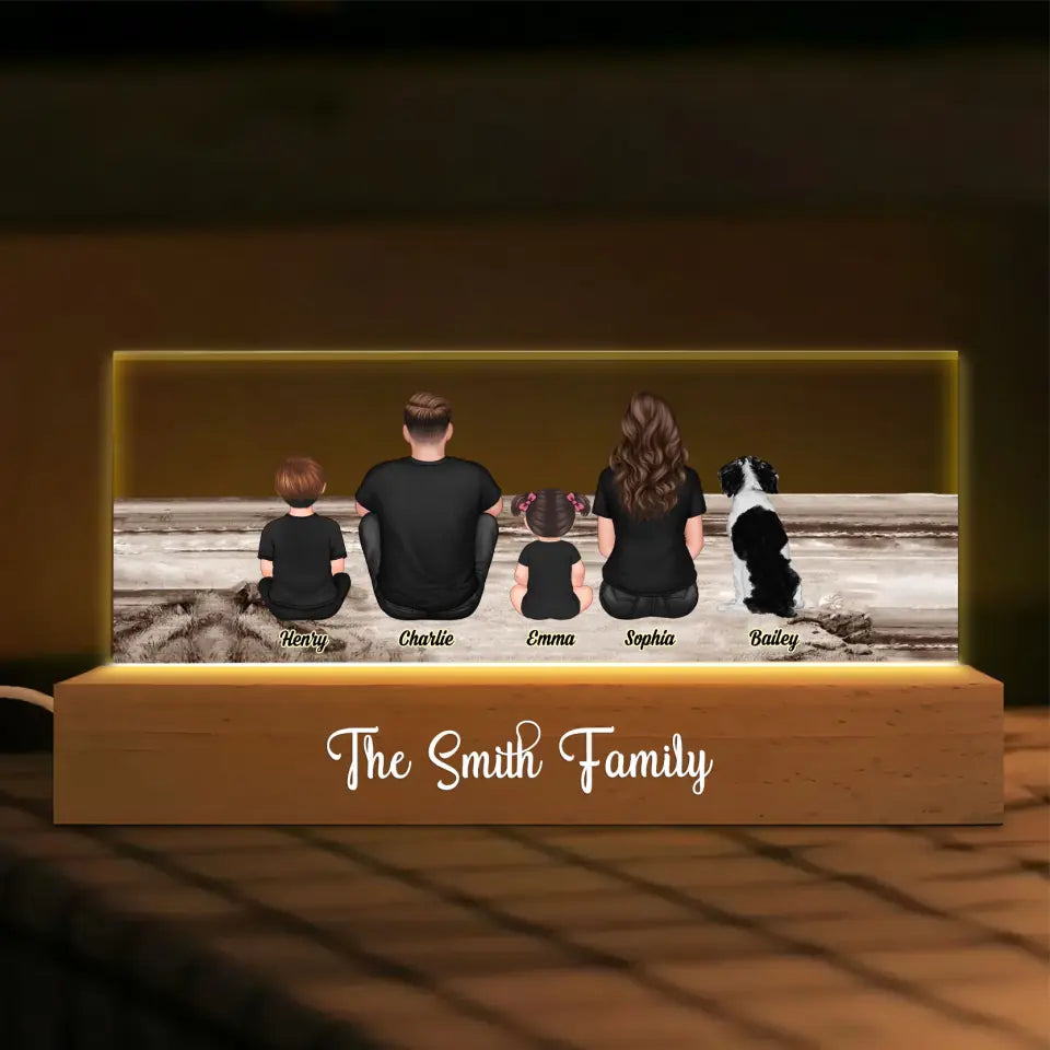 Family Sitting Back View Beach Landscape - Personalized Custom Name Night Light