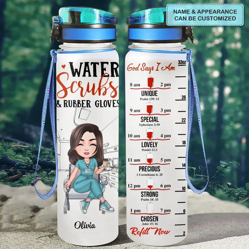 Water Scrubs & Rubber Gloves - Personalized Custom Water Tracker Bottle - Nurse's Day, Appreciation Gift For Nurse