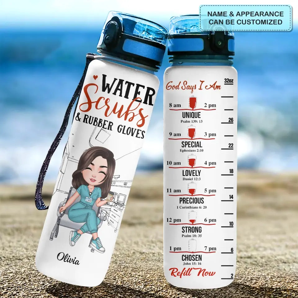 Water Scrubs & Rubber Gloves - Personalized Custom Water Tracker Bottle - Nurse's Day, Appreciation Gift For Nurse