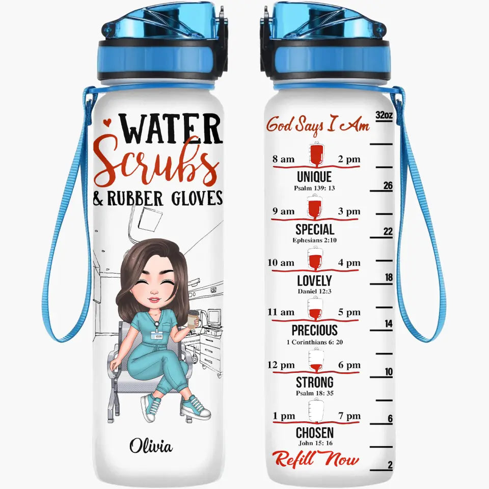 Water Scrubs & Rubber Gloves - Personalized Custom Water Tracker Bottle - Nurse's Day, Appreciation Gift For Nurse