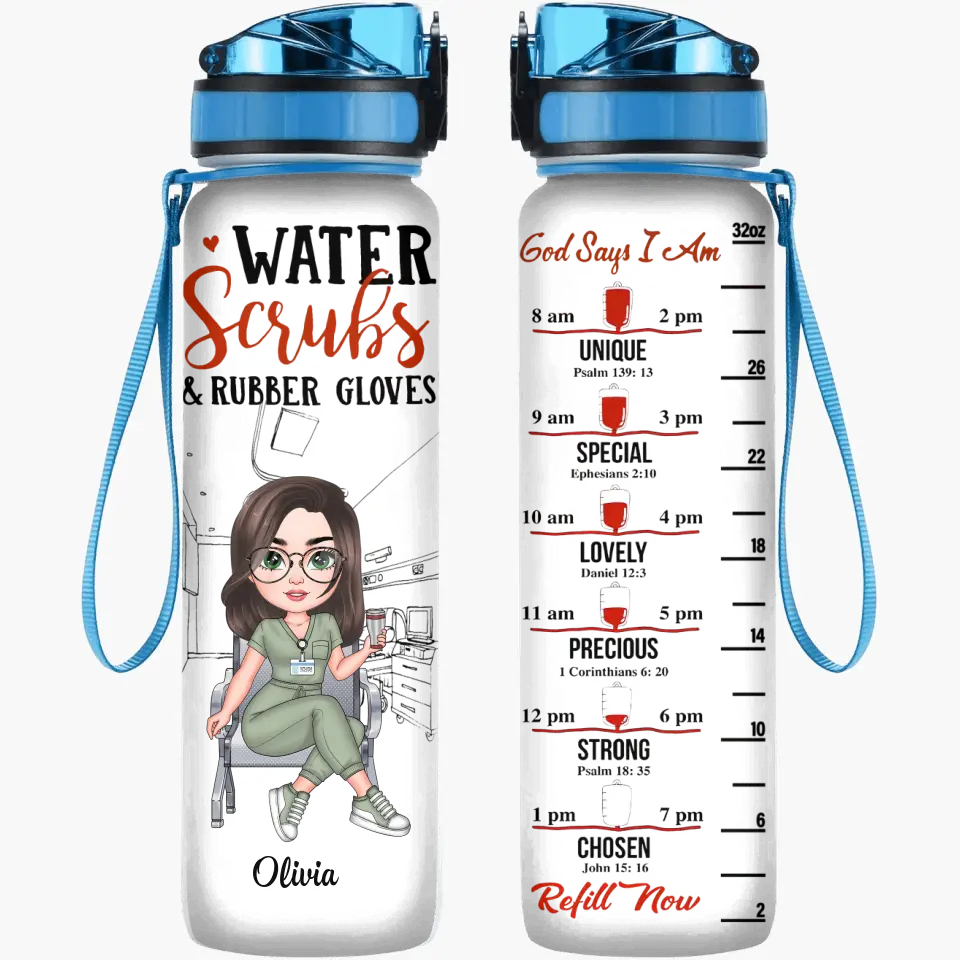 Water Scrubs & Rubber Gloves - Personalized Custom Water Tracker Bottle - Nurse's Day, Appreciation Gift For Nurse