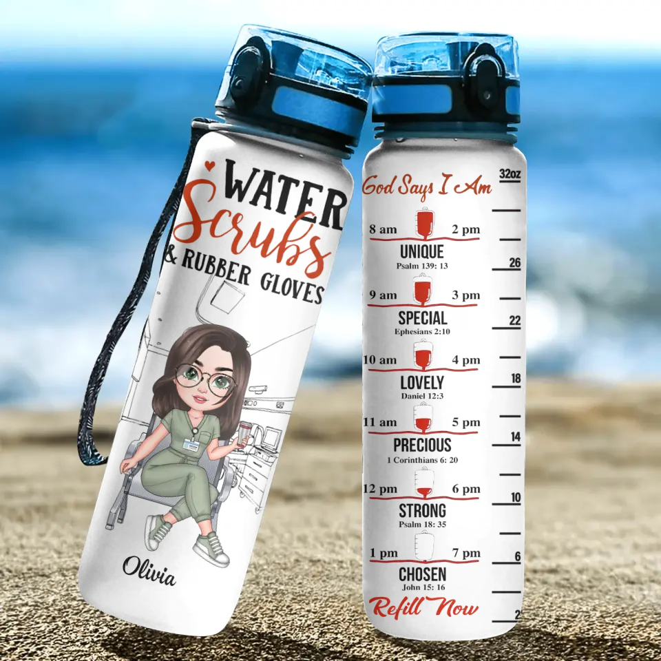 Water Scrubs & Rubber Gloves - Personalized Custom Water Tracker Bottle - Nurse's Day, Appreciation Gift For Nurse