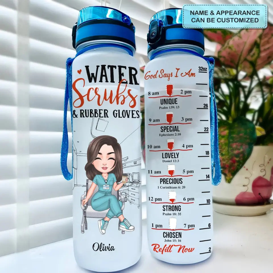 Water Scrubs & Rubber Gloves - Personalized Custom Water Tracker Bottle - Nurse's Day, Appreciation Gift For Nurse