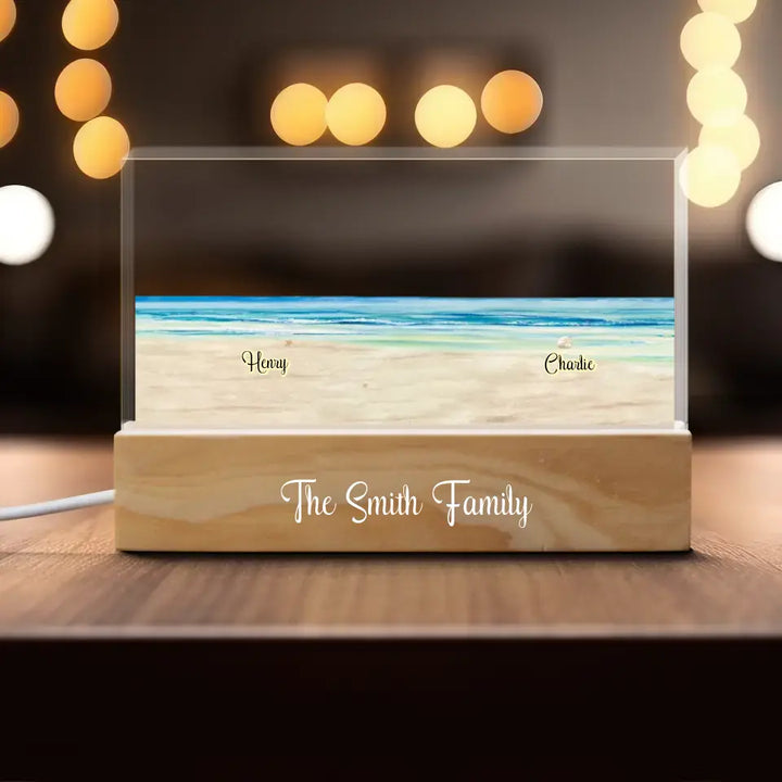 Family Sitting Back View Beach Landscape - Personalized Custom Name Night Light
