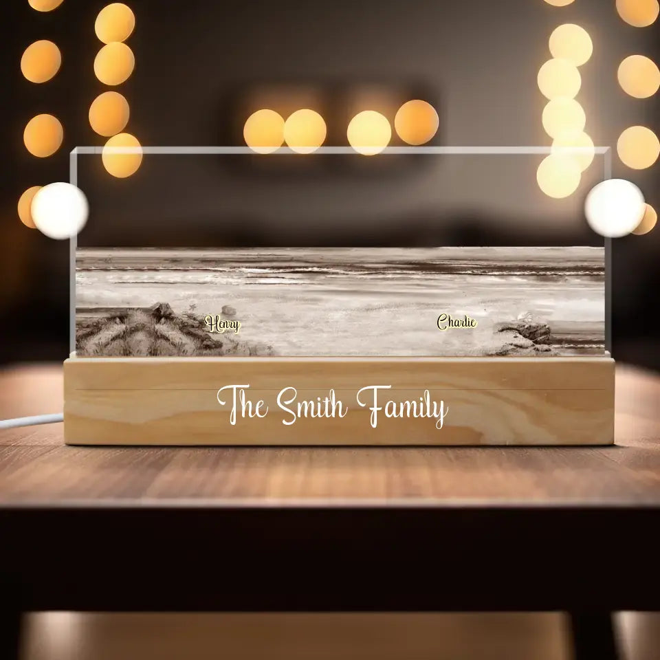 Family Sitting Back View Beach Landscape - Personalized Custom Name Night Light