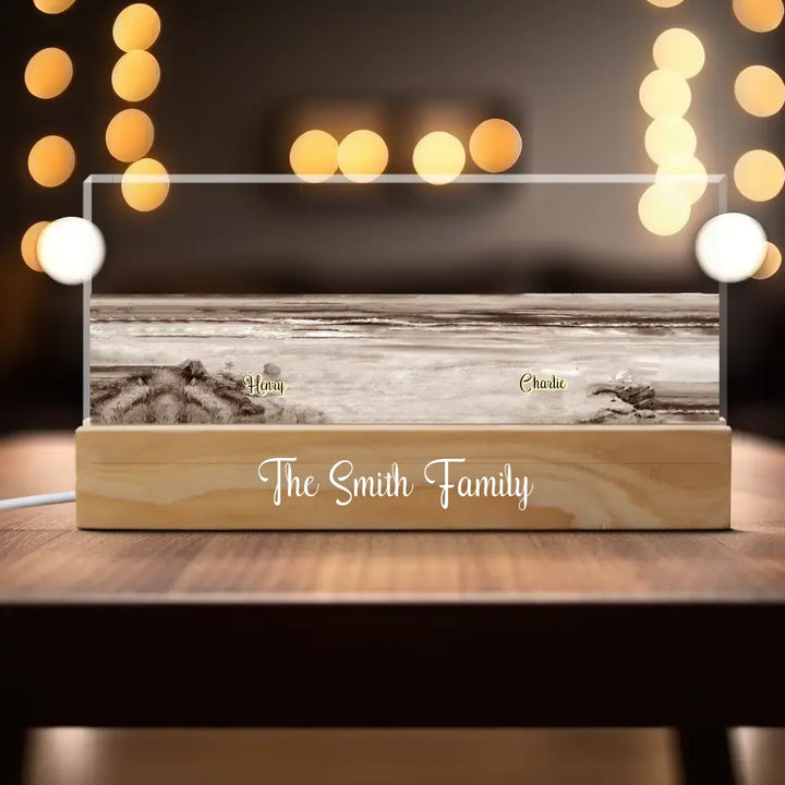 Family Sitting Back View Beach Landscape - Personalized Custom Name Night Light