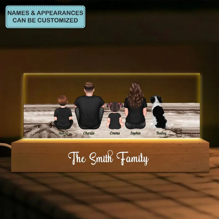 Family Sitting Back View Beach Landscape - Personalized Custom Name Night Light