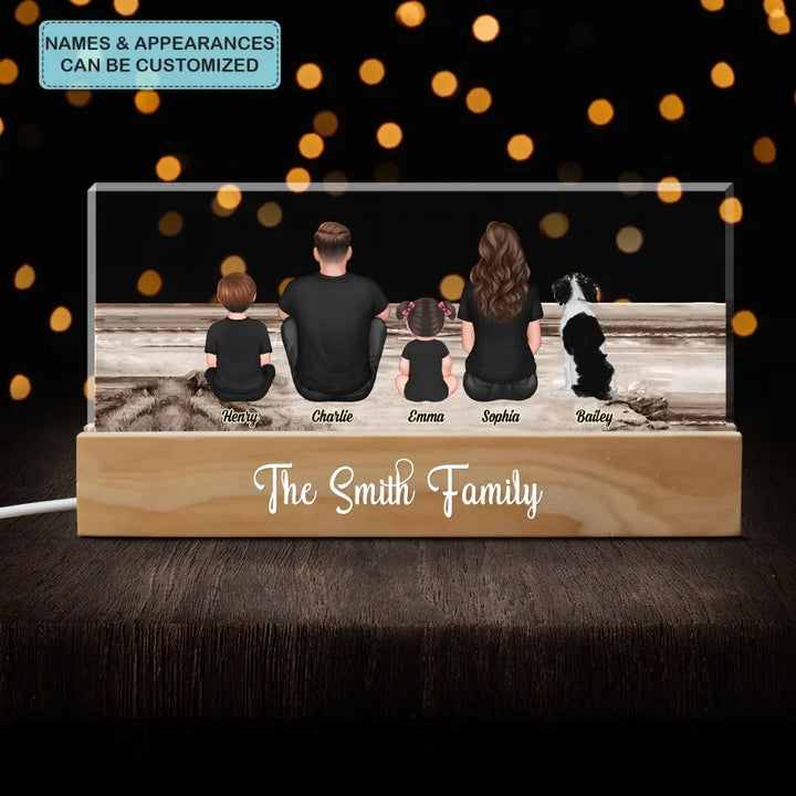 Family Sitting Back View Beach Landscape - Personalized Custom Name Night Light