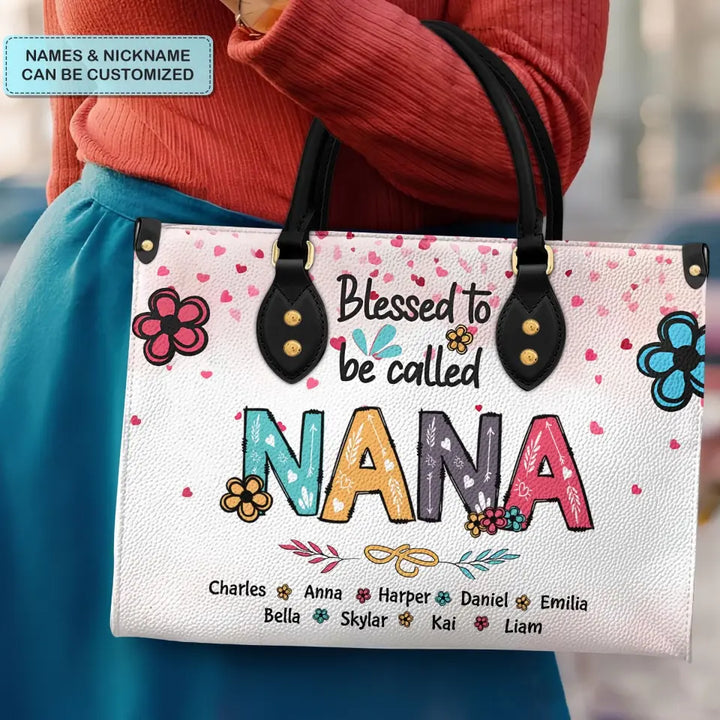 Blessed To Be Called Grandma - Personalized Custom Leather Bag - Mother's Day Gift For Grandma, Mom, Family Members