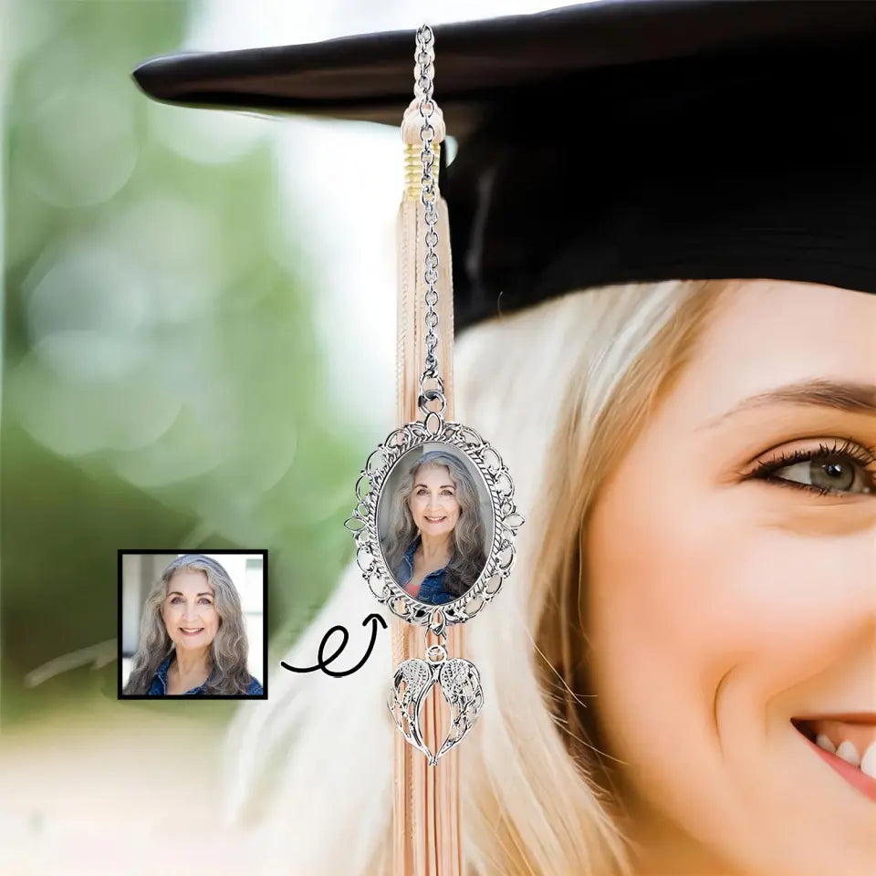 Personalized Custom Graduation Tassel Photo Charm with Angel Wings - Sympathy Gift