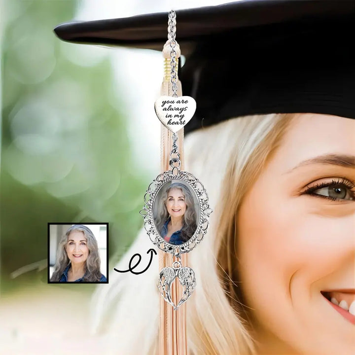You Are Always In My Heart - Personalized Custom Graduation Tassel Photo Charm with Angel Wings