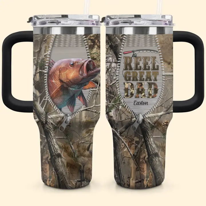 Reel Great Dad - Personalized Custom Tumbler With Handle - Father's Day Gift For Dad