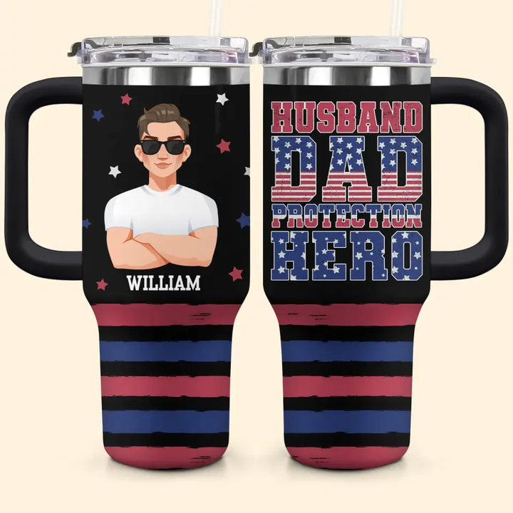 Husband Dad Protection Hero - Personalized Custom Tumbler With Handle - Father's Day Gift For Dad