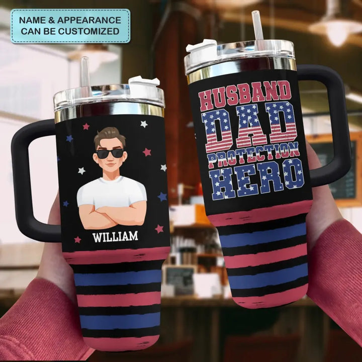 Husband Dad Protection Hero - Personalized Custom Tumbler With Handle - Father's Day Gift For Dad