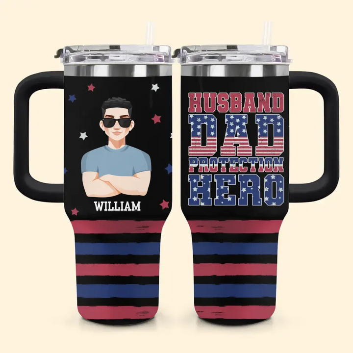 Husband Dad Protection Hero - Personalized Custom Tumbler With Handle - Father's Day Gift For Dad