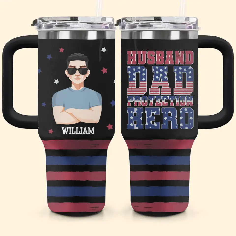 Husband Dad Protection Hero - Personalized Custom Tumbler With Handle - Father's Day Gift For Dad