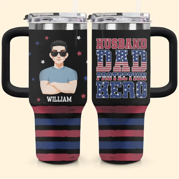 Husband Dad Protection Hero - Personalized Custom Tumbler With Handle - Father's Day Gift For Dad