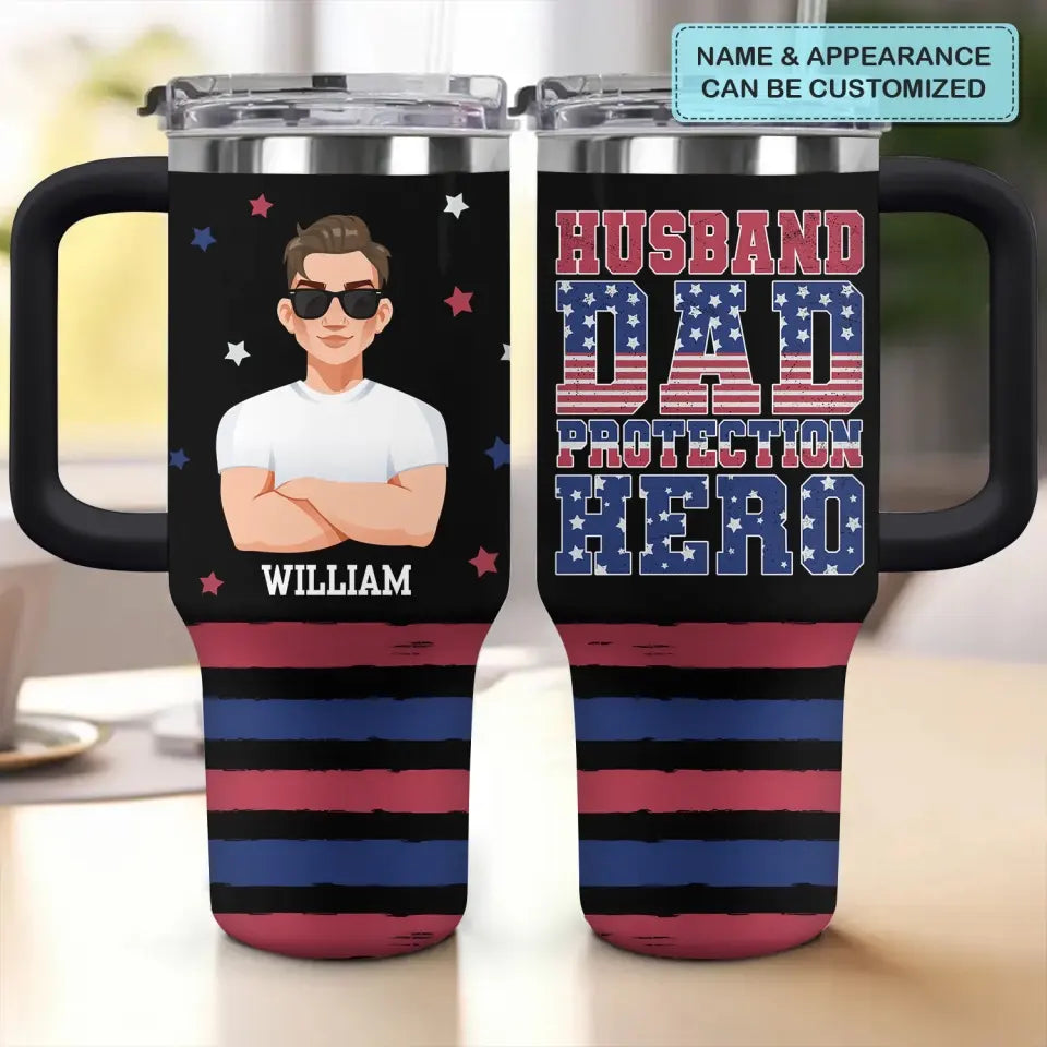 Husband Dad Protection Hero - Personalized Custom Tumbler With Handle - Father's Day Gift For Dad